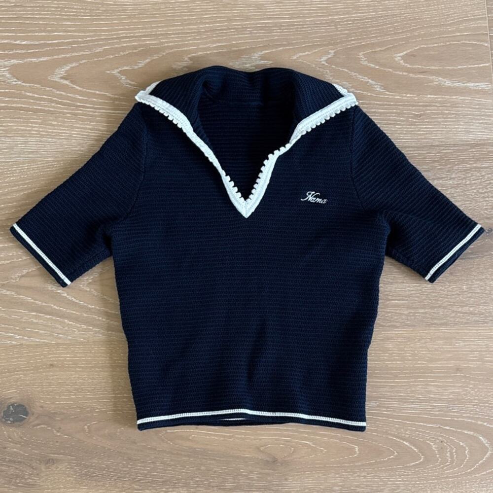 Nama Crochet Polo Shirt Size XS in Navy and White